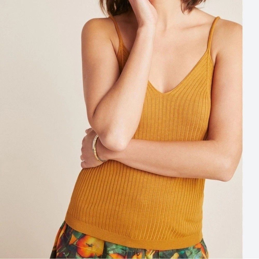Anthropologie Knit Tank Top Womens XL Mustard Ribbed Knit V Neck Camisole